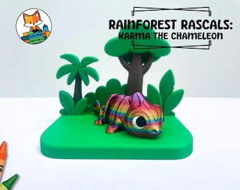 3D Printed Rainforest Diorama Set with Flexi Articulated Chameleon | Fidget, Rainforest, Reptile, Jungle Scene, PLA Figurine, Desk Display