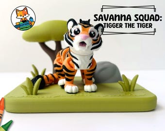 3D Printed Savanna Diorama Set with Flexi Articulated Tiger | Fidget, Safari, Zoo, Savannah Scene, PLA Figurine, Desk Display