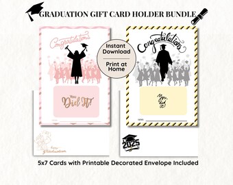Printable Graduation Gift Card Holder, 5x7 Card, Black Gold, Boho Pink, Printable Envelope Template, Quick Easy DIY Grad Gift for Him & Her
