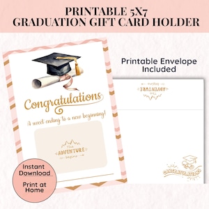 Afdrukbare cadeaukaarthouder met envelop, boho Pink Adventure Begins Design, 5 x 7 New Chapter, Quick Easy DIY Grad-cadeau voor haar