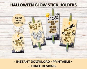 Printable Halloween Glow Stick Holders with Treat Tags: 3 Designs, Spooky Party Favors (Digital Download)
