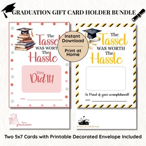Porte-cartes cadeau de remise des diplômes imprimable et enveloppe, pompon qui en vaut la peine, or noir, rose bohème, cadeau de diplôme bricolage rapide et facile pour lui et elle