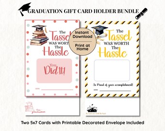 Printable Graduation Gift Card Holder and Envelope, Tassel Worth the Hassle, Black Gold, Boho Pink, Quick Easy DIY Grad Gift for Him & Her