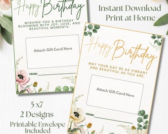 Printable Birthday Gift Card Holders, 5x7, Watercolor Floral  Design, Coordinating Envelope Template