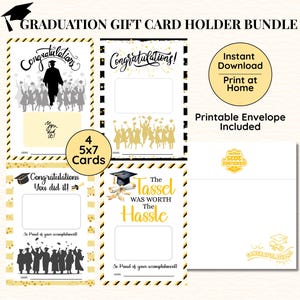 Set di porta biglietti di auguri di laurea stampabili, 4 biglietti neri e oro 5x7, modello di busta stampabile, regalo di laurea facile e veloce per lui o per lei