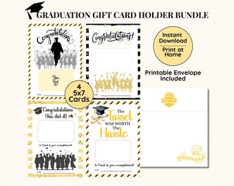 Printable Graduation Gift Card Holder Bundle, 4 Black & Gold 5x7 Cards, Printable Envelope Template, Quick Easy Grad Gift for Him or Her