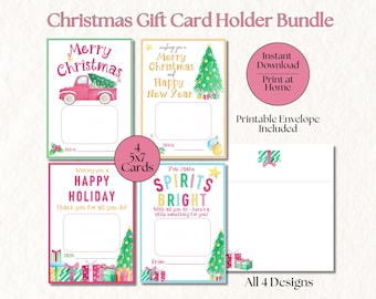 Printable Christmas Pastel Watercolor Gift Card Holder Bundle + Envelope, 5x7, Holiday Thank You for Teachers, Staff, Bus Drivers, Neighbors