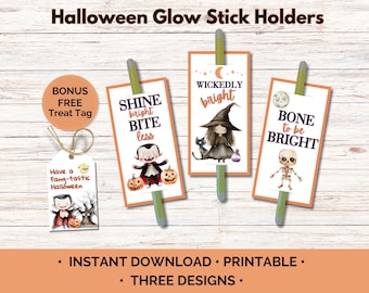 Printable Halloween Glow Stick Holders with Treat Tags: 3 Designs, Cute Characters (Digital Download)