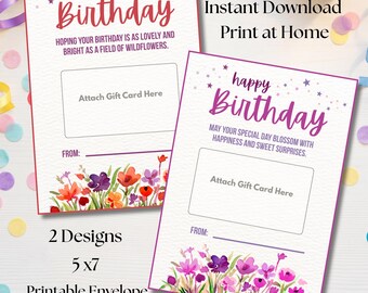Printable Birthday Gift Card Holders, 5x7, Watercolor Wildflower Design, Coordinating Envelope Templates
