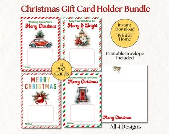 Printable Classic Christmas Gift Card Holder Bundle + Envelope, 5x7, Holiday Thank You for Teachers, Staff, Bus Drivers & Neighbors