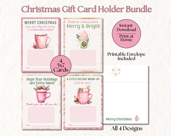 Printable Pink Hot Cocoa Christmas Gift Card Holder Bundle of 4 + Envelope, Holiday Thank You for Teachers, Staff, Bus Drivers & Babysitters