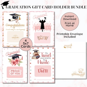 Set di porta biglietti di auguri di laurea stampabili, 4 biglietti rosa pastello boho 5x7, modello di busta stampabile, regalo di laurea facile e veloce per lei