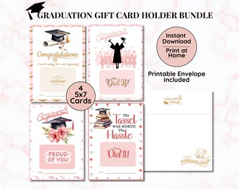 Printable Graduation Gift Card Holder Bundle, 4 Boho Pastel Pink 5x7 Cards, Printable Envelope Template, Quick Easy Grad Gift for Her