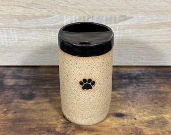 Handmade Paw Print Travel Mug - 12 oz - Black Glaze, Speckled Clay - ONE OF A KIND!