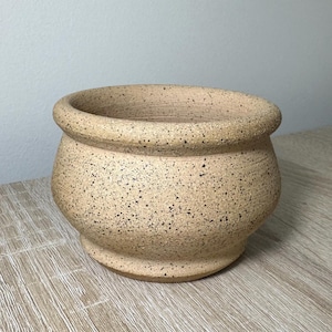 May include: A speckled beige ceramic planter with a rounded bottom and a wide, slightly flared rim.