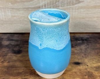 Handmade Ocean Blue Drip Mug: Beachy Ceramic To-Go Cup, 14 oz - ONE OF A KIND!