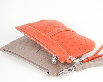Wristlet clutch in burnt orange or gray genuine ostrich leather with silver hardware - metal zipper - blue suede lining- handmade in Canada
