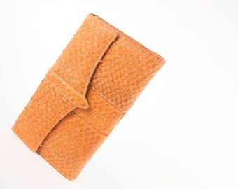 Orange fish leather clutch bag "Nadia" in /suede leather lining/interior pockets/detachable chain strap/handmade in Canada