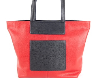 Mona - large leather tote, shoulder bag, in red and black textured Italian leather/zip closure/lined/front pocket/handmade in Canada