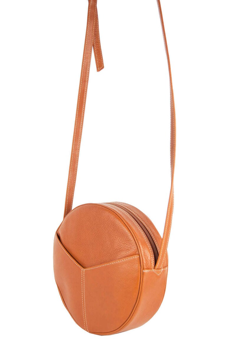 Bella round cross-body bag Canada shoulder bag in black or tan Italian leather linedfront pockethandmade in Toronto