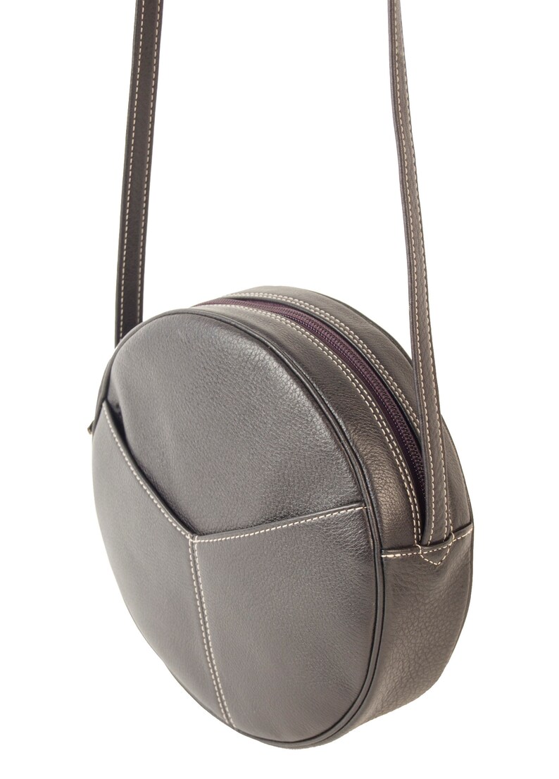 Bella round cross-body bag Canada shoulder bag in black or tan Italian leather linedfront pockethandmade in Toronto