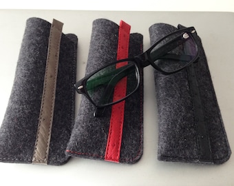 Reading glasses case in  wool-felt, etui, pouch/ genuine ostrich leather detail, stripe/ handmade in Toronto, Canada