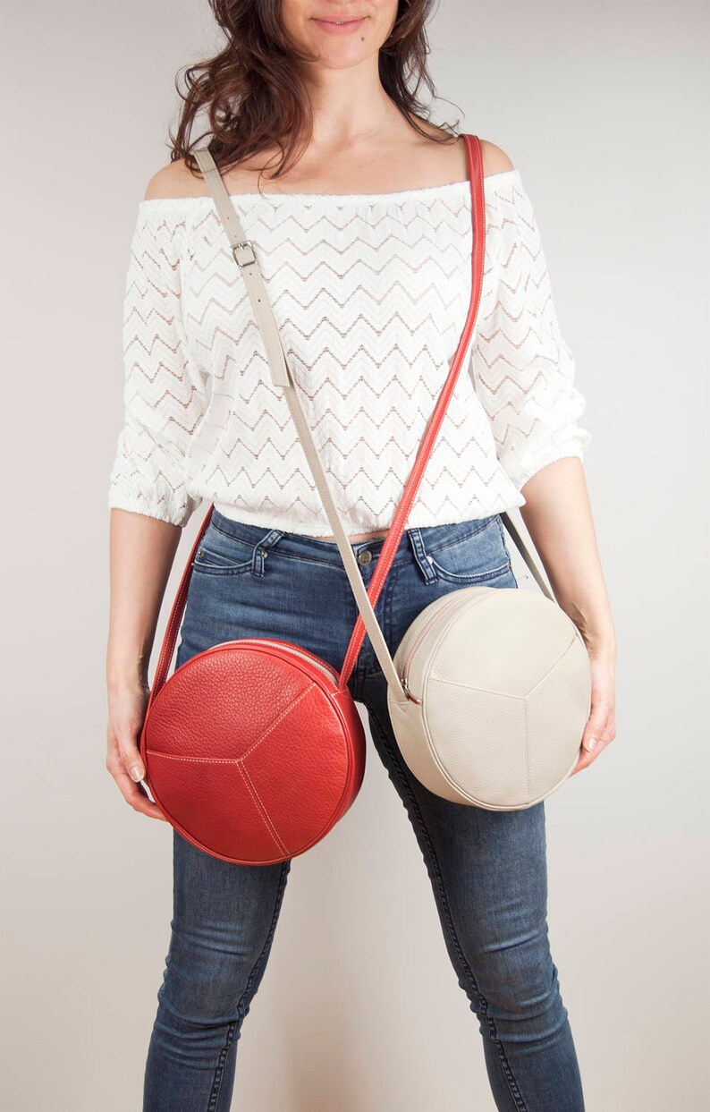 Bella round cross-body bag Canada shoulder bag in black or tan Italian leather linedfront pockethandmade in Toronto