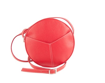 Bella round cross-body bag, shoulder bag, in red, black or tan Italian leather /lined/front pocket/handmade in Toronto - Canada