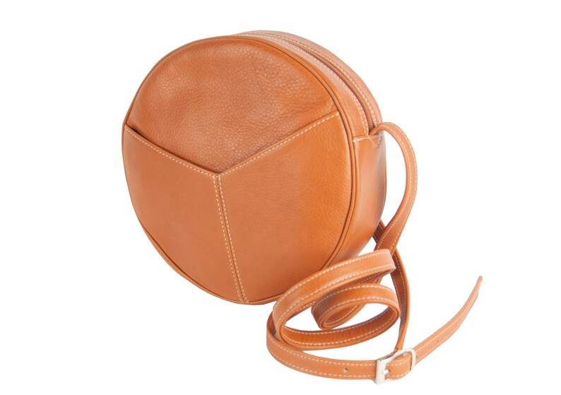 Bella round cross-body bag Canada shoulder bag in black or tan Italian leather linedfront pockethandmade in Toronto