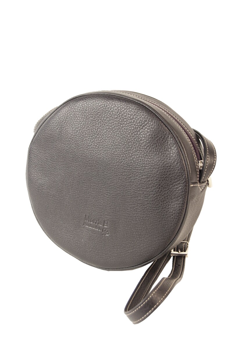 Bella round cross-body bag Canada shoulder bag in black or tan Italian leather linedfront pockethandmade in Toronto