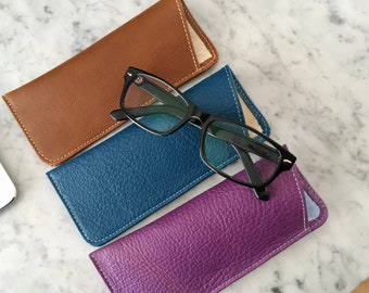 Reading glasses case in  Italian leather, etui, pouch in teal, magenta or cognac/handmade in Toronto, Canada