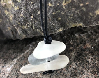 Beach Glass Cairn Pendant, Sea Glass Necklace, Beach Glass Necklace, Gray Beach Glass, Beach Lover's Gift, Leather Jewelry Necklace