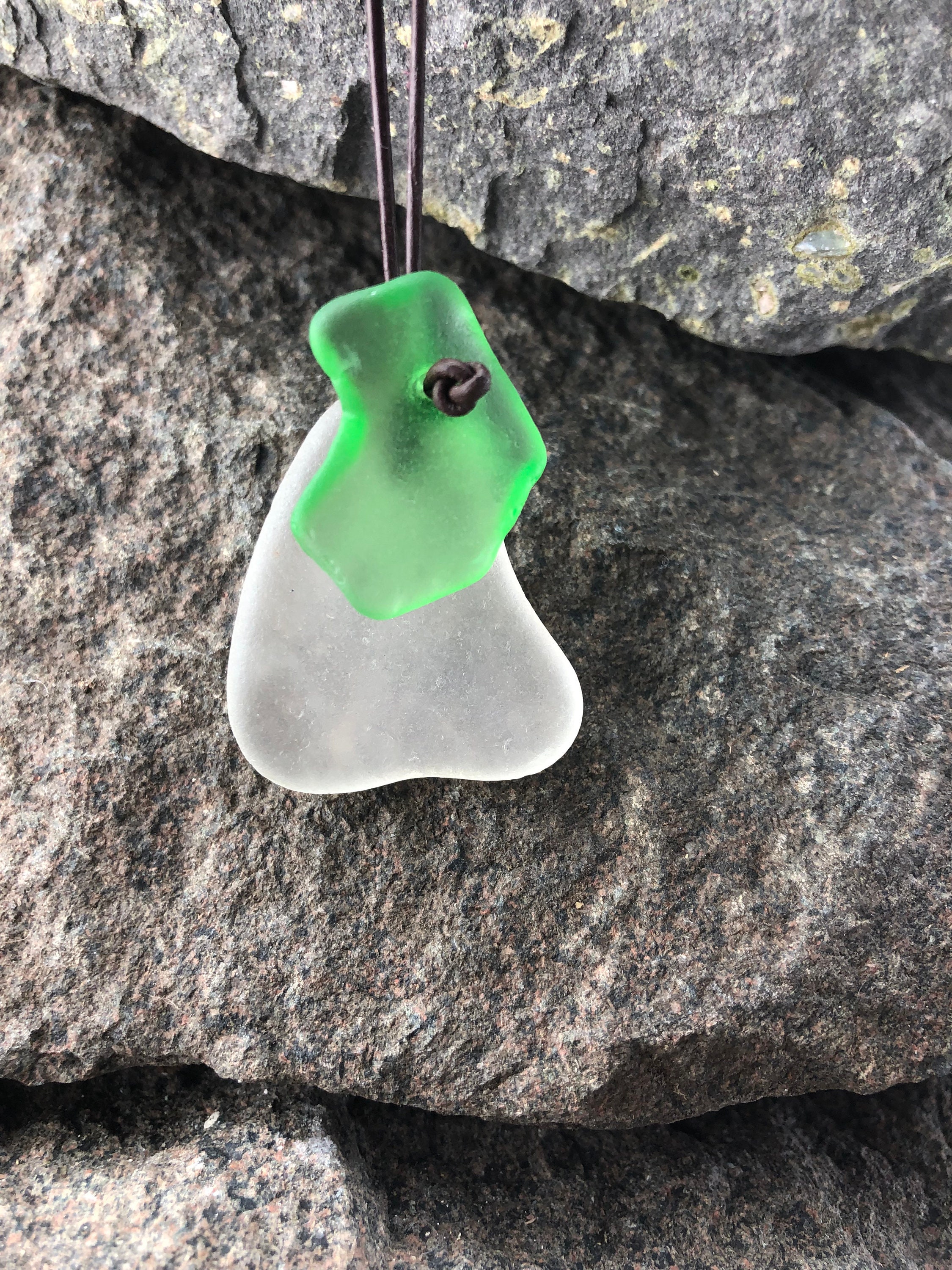 Green Beach Glass Pendant, Sea Glass Necklace, Beach Glass Cairn Pendant, Adjustable Leather