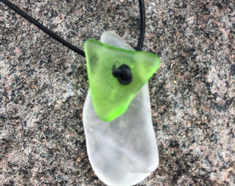 Green Beach Glass Pendant, Cairn Necklace, Beach Glass Cairn Pendant, Adjustable Leather Cord, Recycled Genuine Beach Glass,