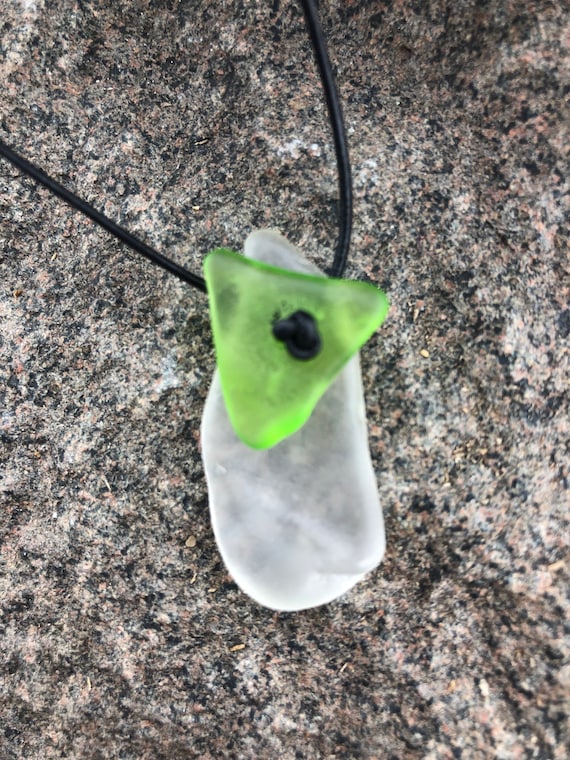 Green Beach Glass Pendant, Cairn Necklace, Beach Glass Cairn Pendant, Adjustable Leather Cord, Recycled Genuine Beach Glass,