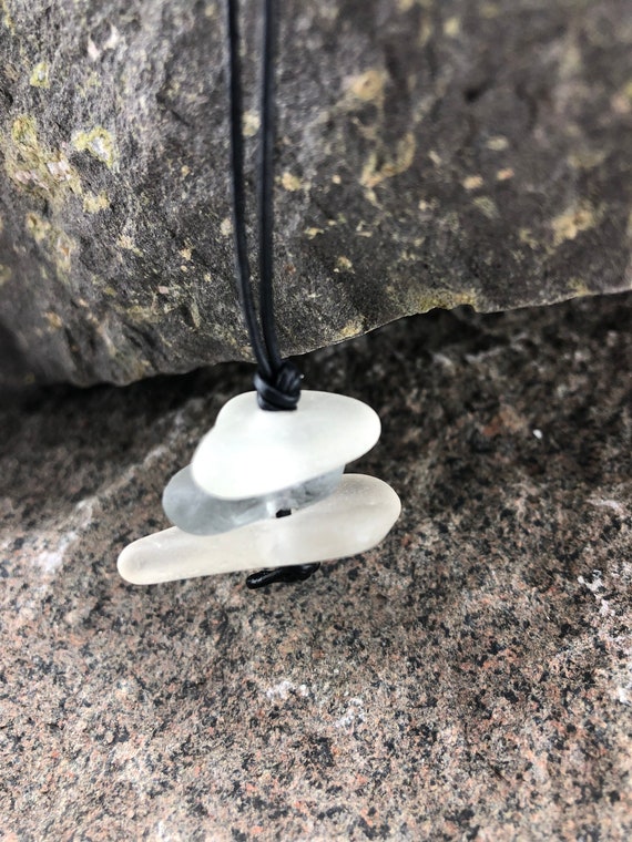 Beach Glass Cairn Pendant, Sea Glass Necklace, Beach Glass Necklace, Gray Beach Glass, Beach Lover's Gift, Leather Jewelry Necklace