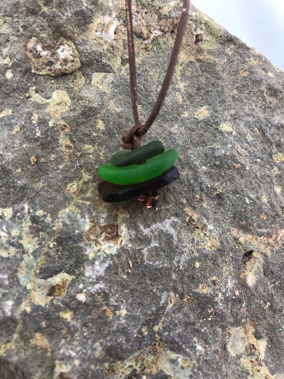 Green Beach Glass Pendant | Cairn Necklace | Beach Glass Cairn Pendant| Adjustable Leather Cord | Recycled Genuine Beach Glass