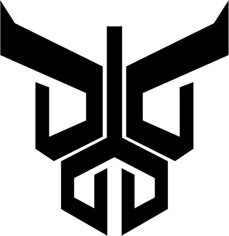May include: A bold, geometric black logo on a white background. The design features angular shapes, including a central vertical bar, two angled lines at the top, and symmetrical shapes below, creating a striking visual.
