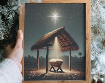 Minimalist Manger Christmas Wall Art | 'All is Calm, All is Bright' | Nativity Scene Digital Print | Holiday Decor | Christian Art