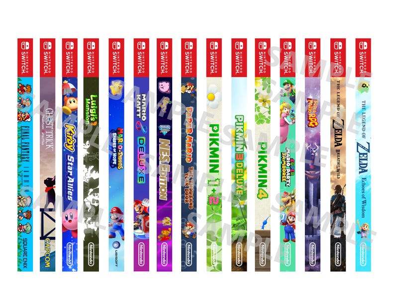 May include: A collection of Nintendo Switch game cases featuring various titles. The cases display colorful artwork and game titles such as "The Legend of Zelda", "Mario Kart Deluxe", and "Kirby Star Allies". The Nintendo Switch logo is visible.