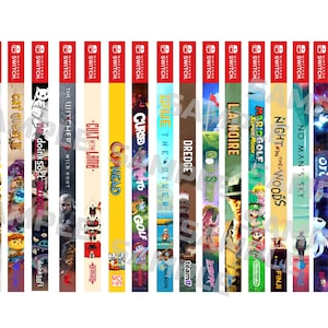 May include: A collection of Nintendo Switch game cases, each with unique cover art. Titles include "Biomutant," "Borderlands 3," "Cat Quest III," "The Witcher," "Cult of the Lamb," "Cuphead," and more. The cases are vertically oriented with the Nintendo Switch logo at the top.
