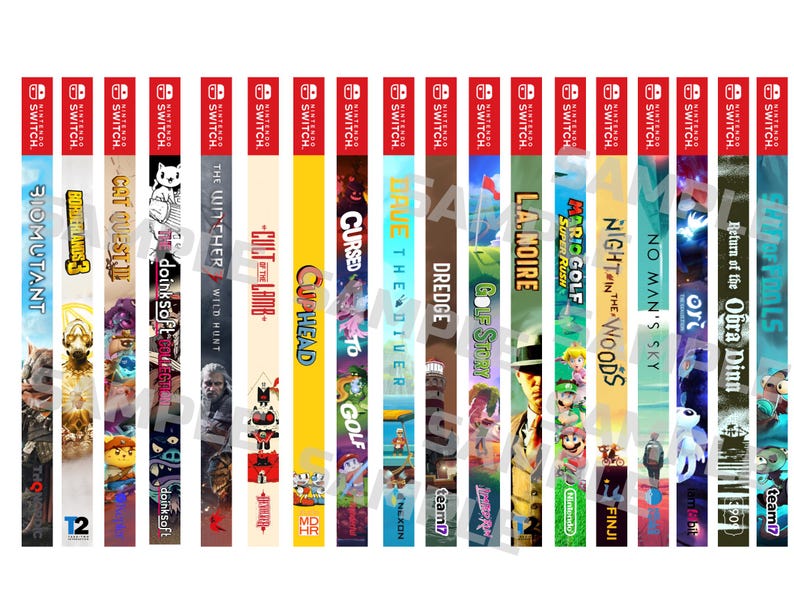 May include: A collection of Nintendo Switch game cases, each with unique cover art. Titles include "Biomutant," "Borderlands 3," "Cat Quest III," "The Witcher," "Cult of the Lamb," "Cuphead," and more. The cases are vertically oriented with the Nintendo Switch logo at the top.