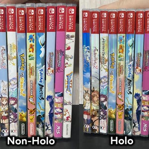May include: A collection of Nintendo Switch game cases, featuring titles like "Atelier Ryza 2", "Pokemon", and "Dragon Quest". The cases have colorful artwork and the "Nintendo Switch" logo at the top. The image is divided into "Non-Holo" and "Holo" versions.