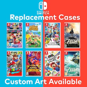 May include: A collage of eight Nintendo Switch game cases featuring various popular titles, including Mario Kart 8 Deluxe, Animal Crossing: New Horizons, Super Smash Bros. Ultimate, The Legend of Zelda: Breath of the Wild, Super Mario Odyssey, Pokémon Scarlet, Super Mario Party, and The Legend of Zelda: Tears of the Kingdom. The text "Replacement Cases" and "Custom Art Available" is displayed at the top and bottom of the image, respectively.