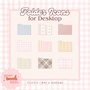 Op de afbeelding: Een verzameling van negen bureaubladmap-iconen met verschillende patronen, waaronder strepen, bloemen en ruiten. De tekst "Folder Icons for Desktop" staat bovenaan. De onderkant van de afbeelding bevat de tekst "your book bffs" en "512x512 | MAC & WINDOWS".