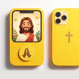 May include: A bright yellow phone case featuring a screen display of a smiling figure with long brown hair and a red sash, with a circular button below showing brown praying hands. The back of the case is yellow with a brown cross symbol.