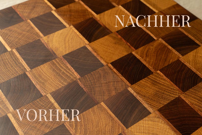 Vorher Nachher Vergleich eines Holz Schneidebretts nach der Pflege mit Pflegewachs