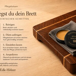 Pflegeanleitung auf Holzbrett mit Anwendungsschritten für Schneidebrett Pflegewachs