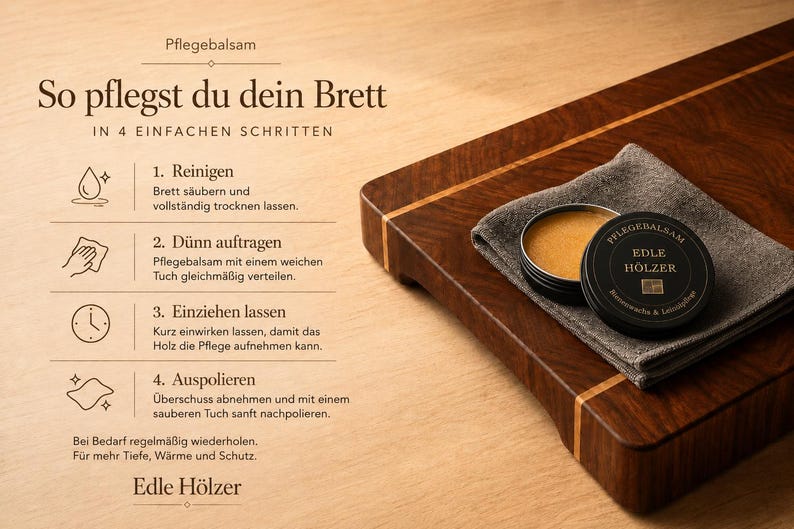 Pflegeanleitung auf Holzbrett mit Anwendungsschritten für Schneidebrett Pflegewachs
