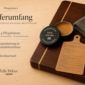 Lieferumfang mit Pflegebalsam Dose, Pflegeanleitung und Tuch für Holzpflege in der Küche